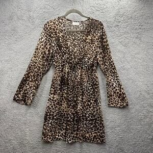 La Palapa XL Sheer Animal Print Cover Up Dress Long Sleeves Front Tie Beach Pool